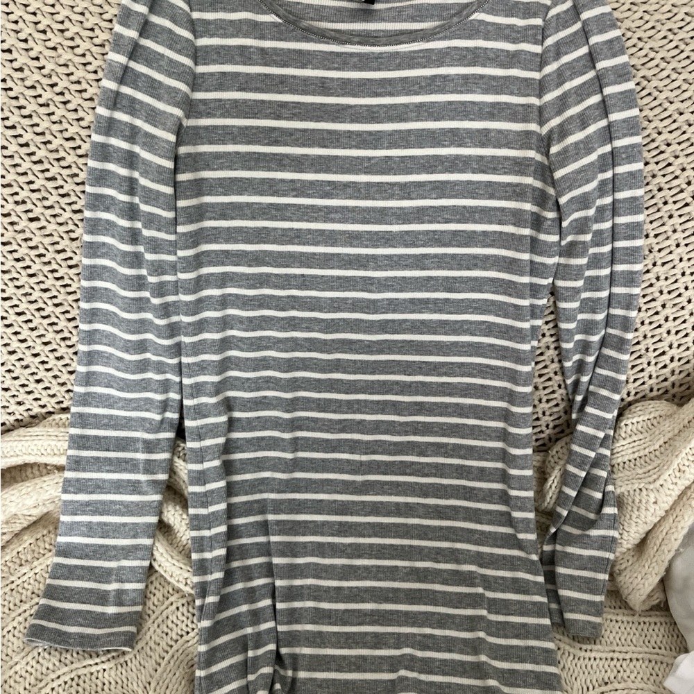 White House Black Market Gray and White Striped Top